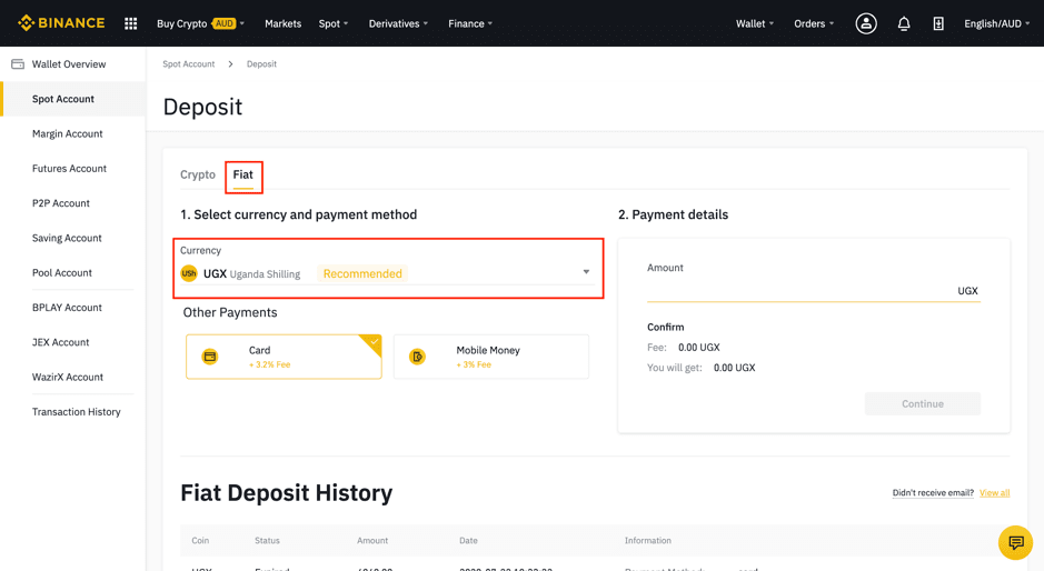 Zahlen Sie Ugandan Shilling (UGX) auf Binance ein und ziehen Sie es ab Zahlen Sie Ugandan Shilling (UGX) auf Binance ein und ziehen Sie es ab