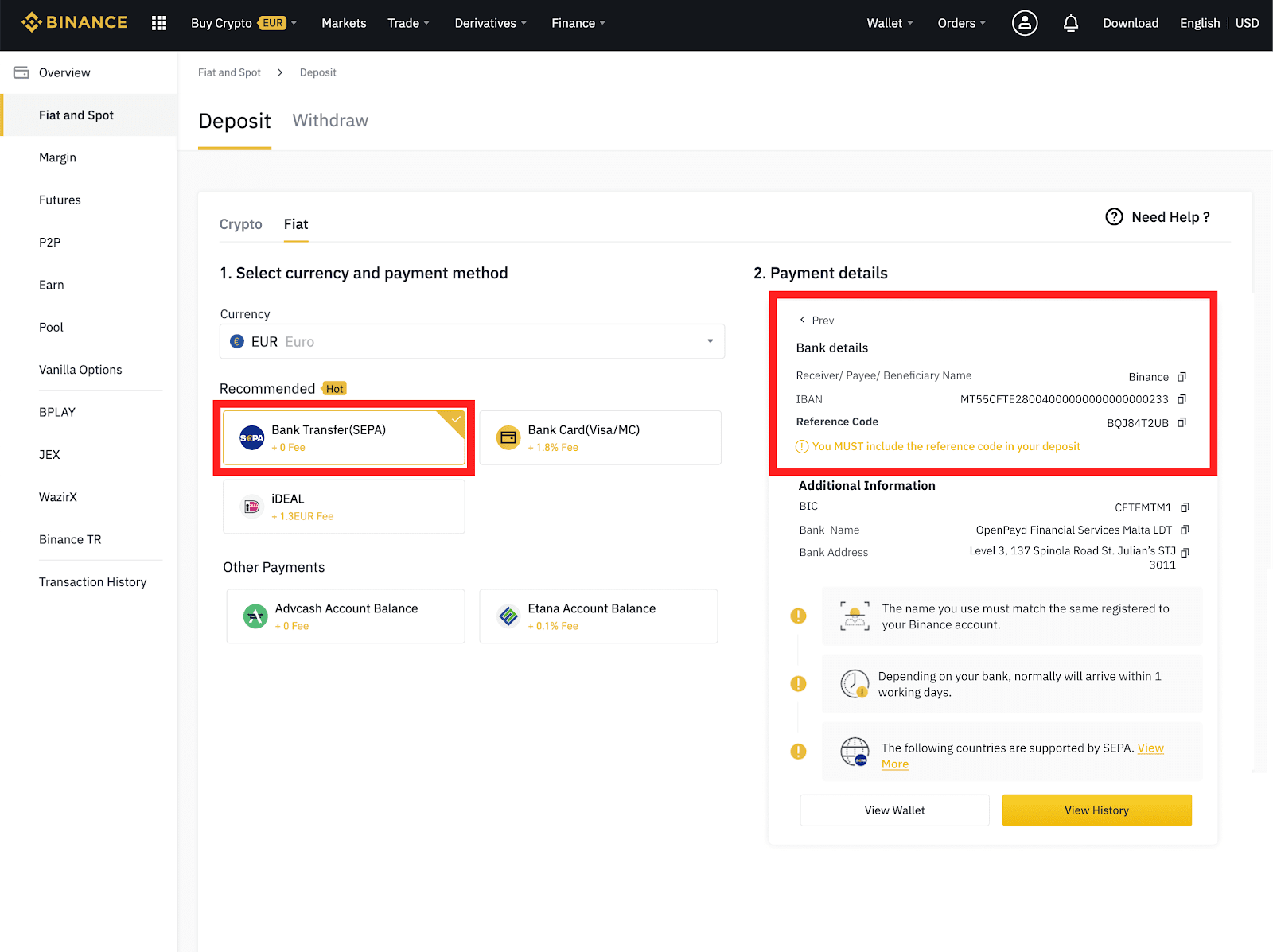 How to deposit EUR to Binance by Bank transfer in Germany